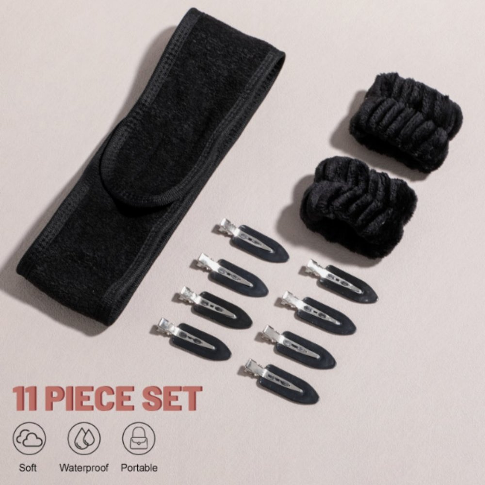 11-Piece Beauty Set: Microfiber Wrist and Head Bands, Clips - Black
